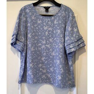 Investments Petite Blouse Top Size PXL Blue White Floral Short Sleeves NEW